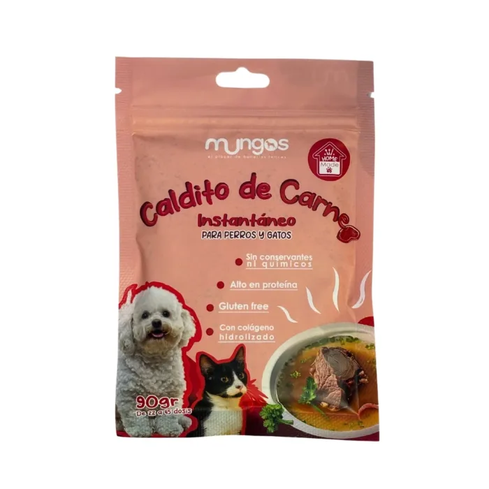 Mungos Caldito de Carne  brinda a tus mascotas una experiencia culinaria excepcional!  Añadiendo sabor y nutrientes a la alimentación de tu perro y gato.