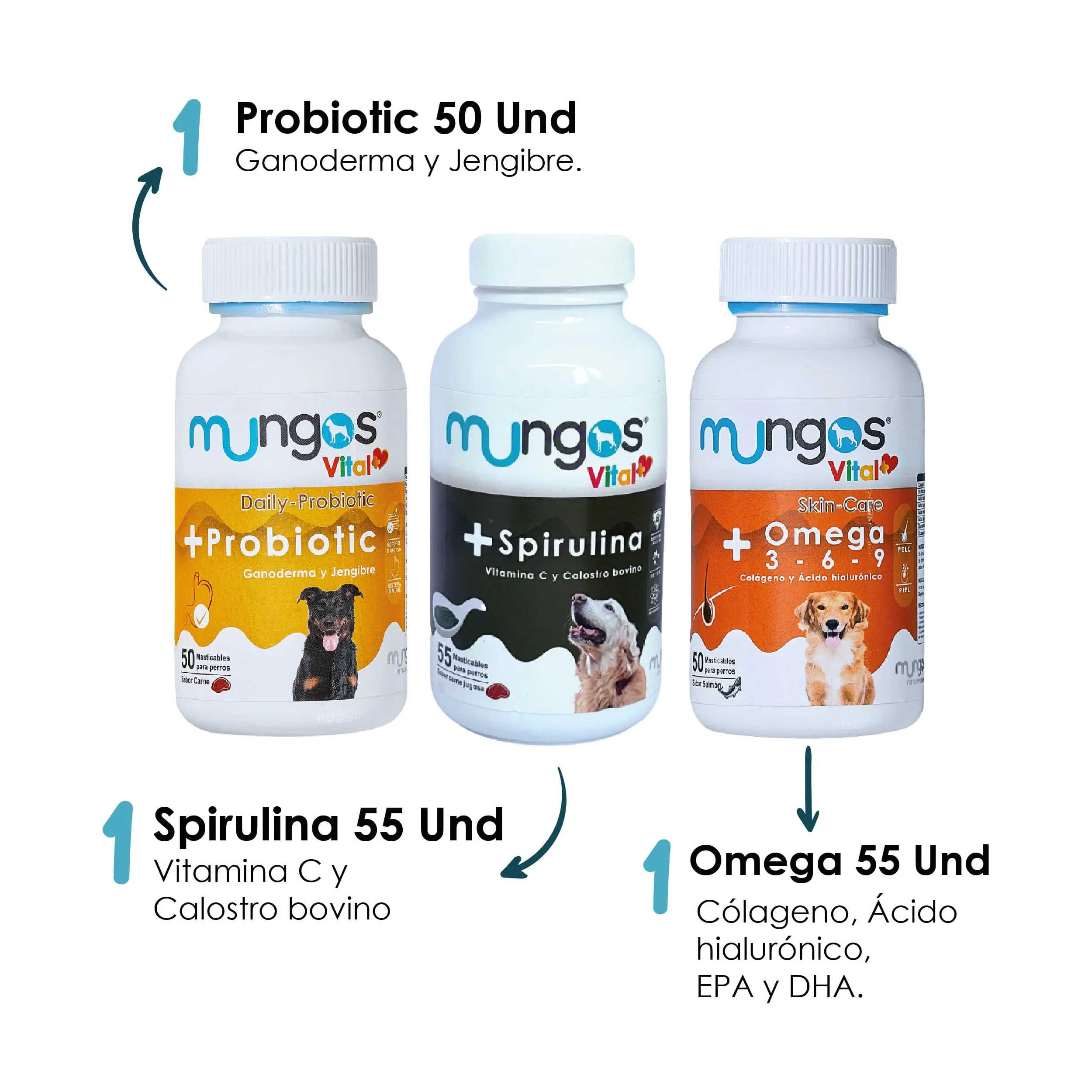 Suplementos, vitaminas, Galletas y Snacks saludables para perros y gatos - Productos funcionales y saludables - mungos.co Combo Probióticos x 50 Unds + Spirulina x 55 Unds + Omega 3-6-9 x 50 Unds